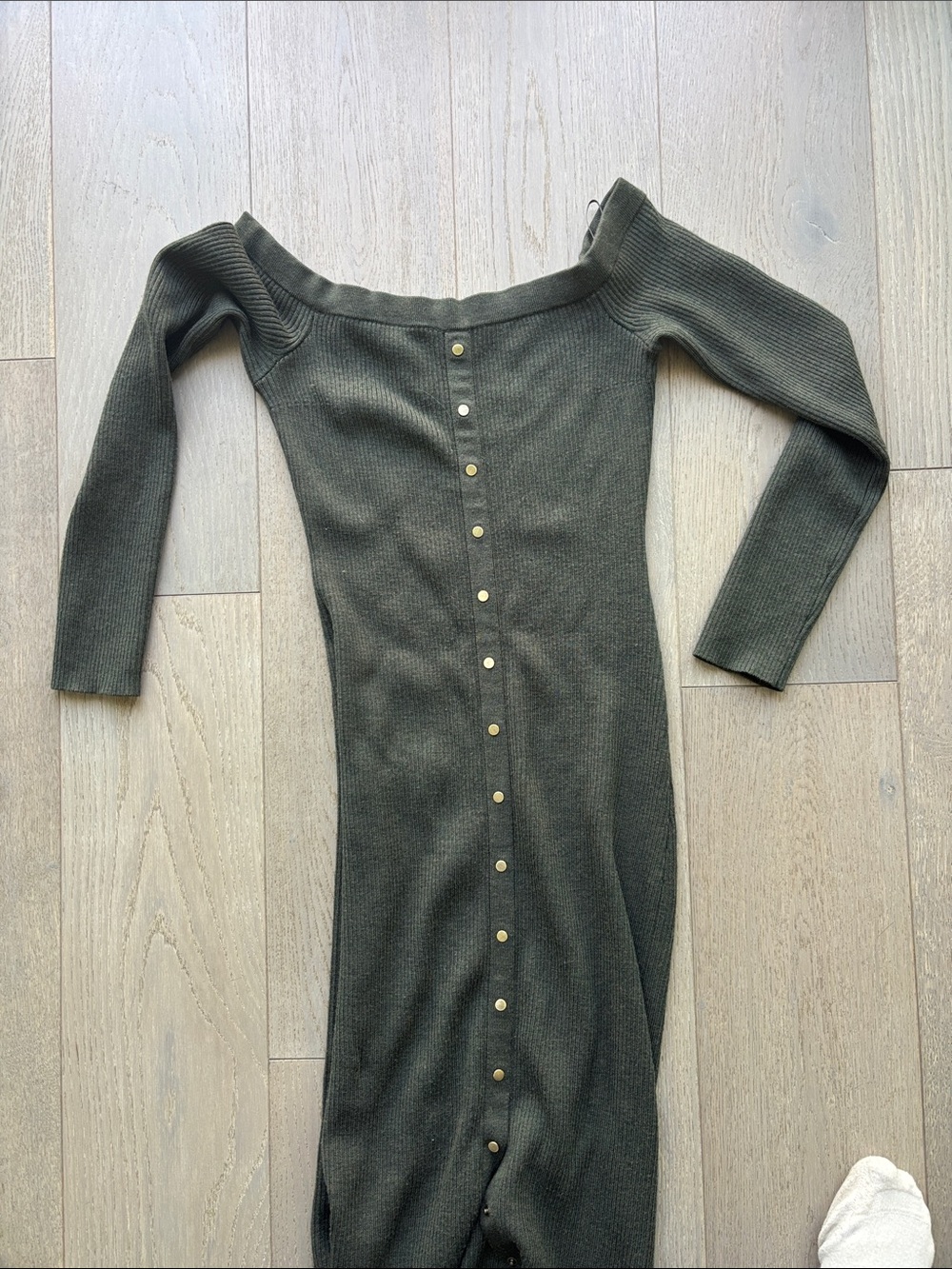 INTERMIX Olive Ribbed Off-Shoulder Knit dress